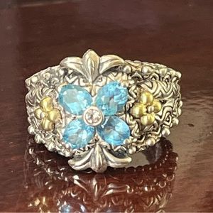 Barbara Bixby Sterling Silver & 18K Gold Blue Topaz Flower Ring